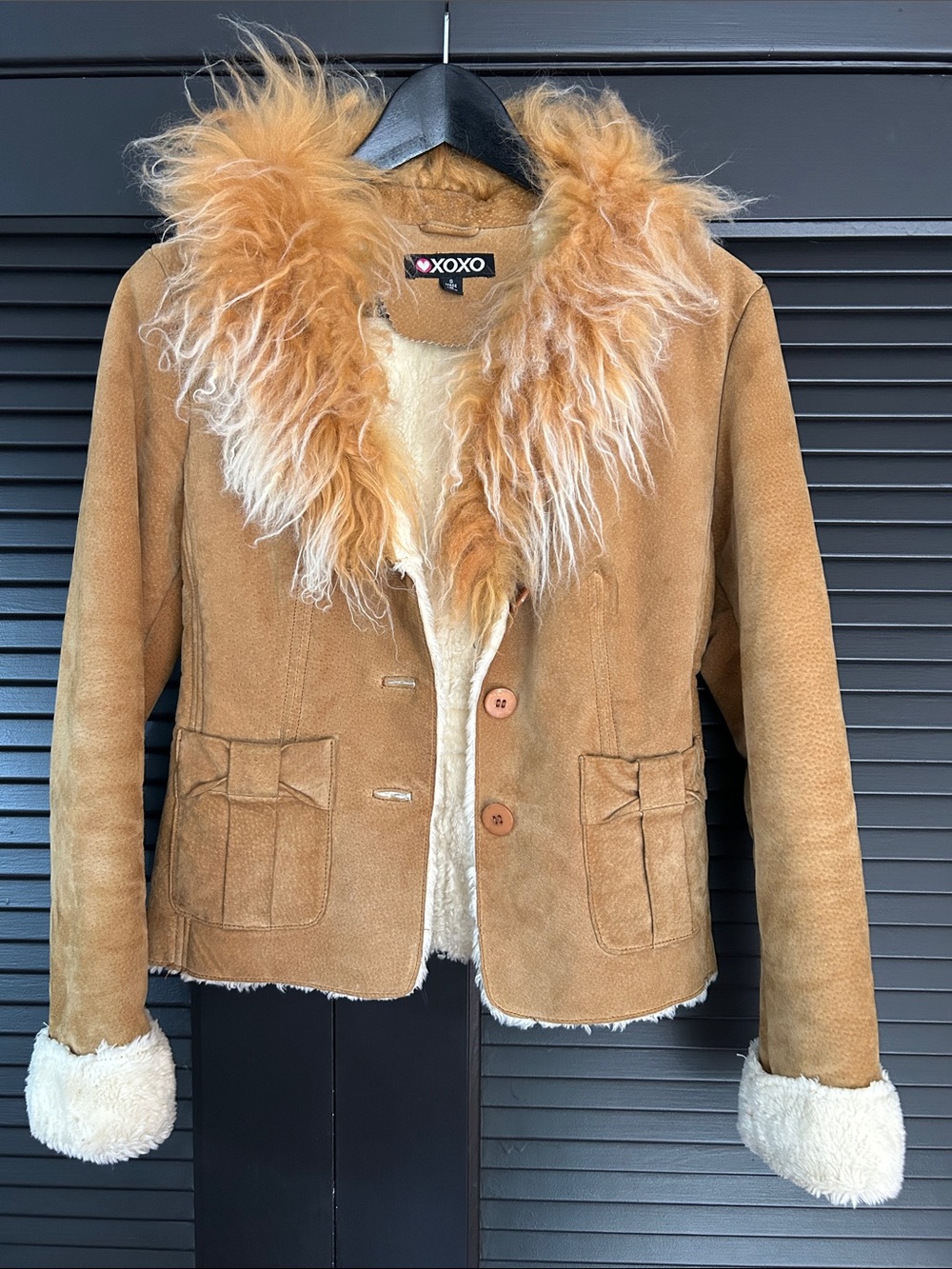Vintage XOXO Penny Lane Leather Jacket with Mongolian Fur Collar, Size XS/Small